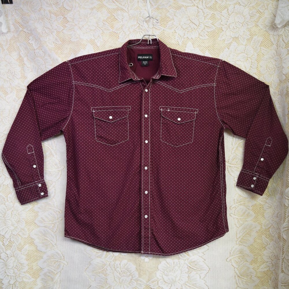 Pelham Pearl Snap Yoked Western Long Sleeve Size XXL Burgundy & White Cotton